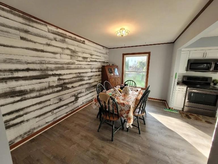 A rustic wall in a dining room